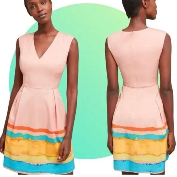 Tracy Reese x Anthropologie Orange Peach Stripe Painterly Fit Flare Dress Size 6 - Picture 2 of 2
